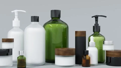 Group of different glass and plastic cosmetic bottles and jars 3D render Stock Footage 236144181