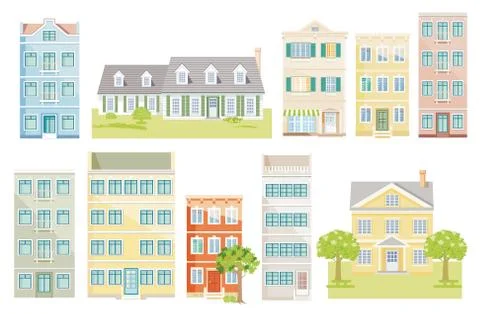 A group of different houses, vector, cut out - neutral background, Stock Illustration
