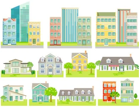 A group of different houses, vector, cut out - neutral background, Stock Illustration