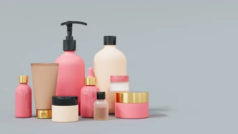 Group of different pink and beige glass and plastic cosmetic bottles and jars 3D Stock Footage 237124900