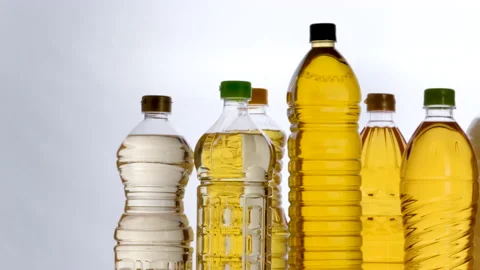 Group of different plants oil bottles for cooking isolated on white background Stock Footage 198087285