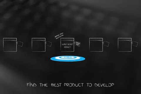 Group of different potential products to develop or launch and one with targe Stock Illustration