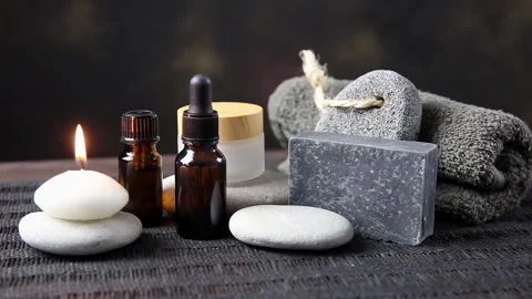 Group of different spa essentials on black background. Video stock 147860634