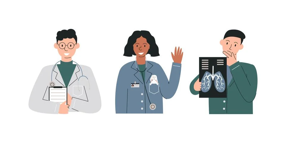 Group of different specializations doctors isolated. Therapist holding Stock Illustration