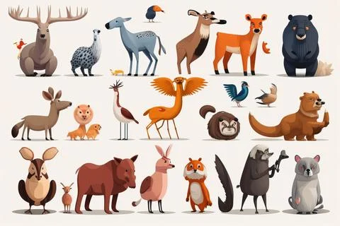 A group of different types of animals standing together on a white backgrou.. イラスト素材