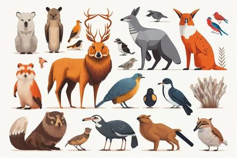 A group of different types of animals standing together on a white backgrou.. 스톡 일러스트