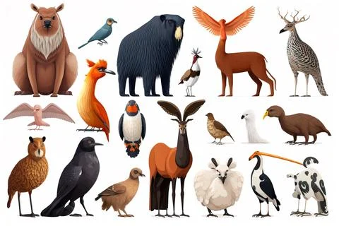 A group of different types of birds and animals on a white background with .. 스톡 일러스트