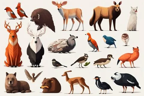 A group of different types of birds and animals on a white background with .. イラスト素材