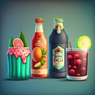 A group of different types of drinks on a blue background with a green back.. イラスト素材