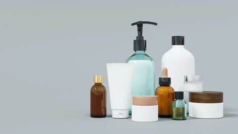 Group of different white and brown glass and plastic cosmetic bottles and jars Stock Footage 237124673