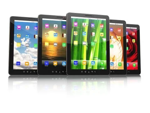 Group of digital tablet pc with different screen backgrounds Stock Illustration