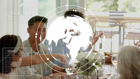 Group of diners dining, passing bottle and clapping as tech globe appearing, HUD Stock Footage 333859572
