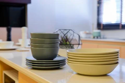 Group of dishes on table in kitchen Stock Photos