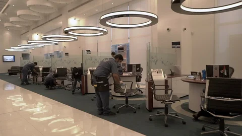 Group disinfects office. Stock Footage 128841518