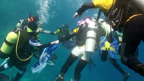 Group of divers cheerfully dance in circle under water. Stock Footage 235770645
