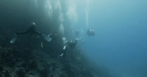 A group of divers exhale oxygen leaving a stream of bubbles behind Video stock 269772580