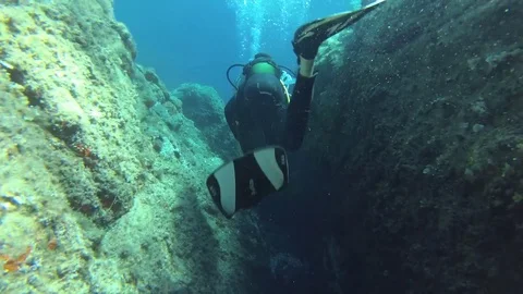 Group of divers with an instructor swim between two colorful reefs Stock Footage 79399689