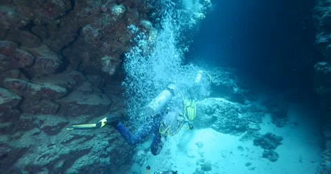 Group of divers swimming in an underwater cave canyon. Stock Footage 279057882