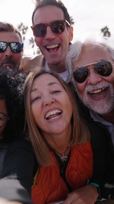Group of diverse cheerful middle-aged tourist friends making video call Stock Footage 267485297