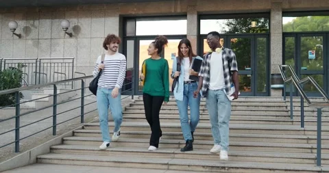 Group of diverse college students talking to each other and walking on campus Stock Footage 223207185