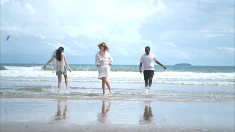 Group of diverse friends having fun at the beach Stock Footage 314011004