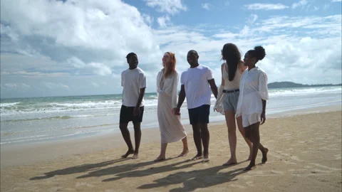 Group of diverse friends having fun at the beach Stock Footage 314012850