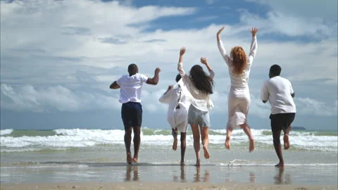 Group of diverse friends having fun at the beach Stock Footage 314013009