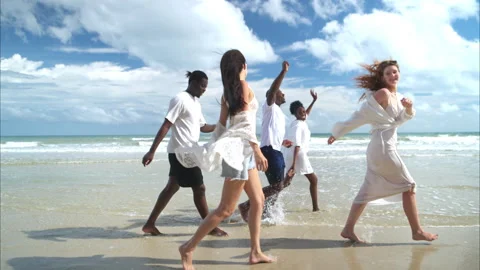 Group of diverse friends having fun at the beach Stock Footage 314028062