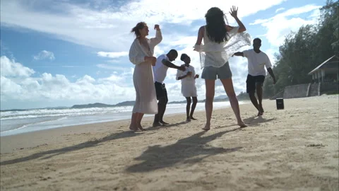 Group of diverse friends having fun at the beach Stock Footage 314028153