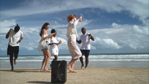 Group of diverse friends having fun at the beach Stock Footage 314028171