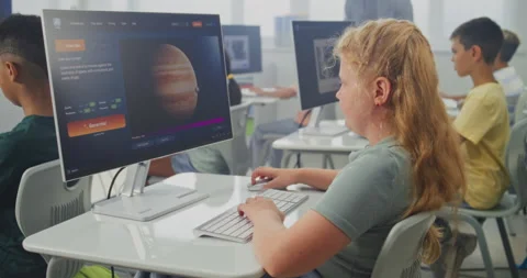 Group of Diverse Kids Working on Computers, Creating Pictures in AI Image Stock Footage 316290946