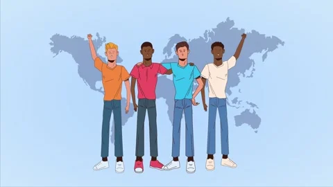 Group of diverse men standing together with raised fists and world map back.. Vídeo Stock 338400314