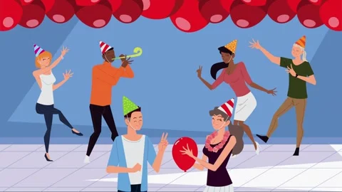 Group of diverse people having a party with balloons wearing festive hats a.. Stock Footage 338315989