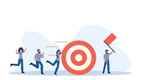 Group of diverse people push a large target towards a goal. They are all wo.. Stock Illustration