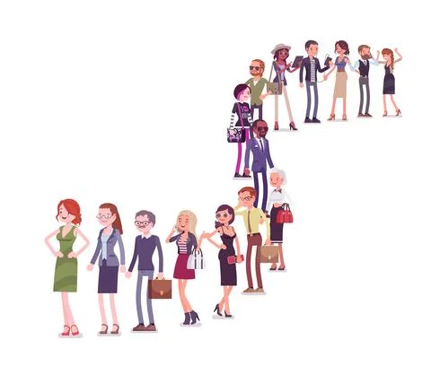 Group of diverse people queuing in a long line Illustrazione stock