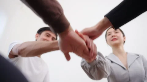 Group of diverse people stacking hands together at psychological therapy group. Stock Footage 254701209