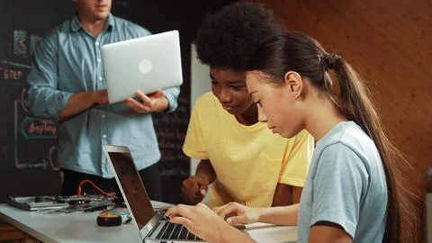 Group of diverse smart student working together to write program. Edification. 写真素材