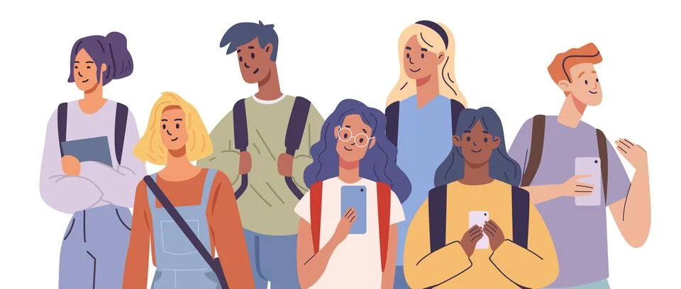 Group of diverse students back to school teenagers holding backpacks smartphones Stock Illustration