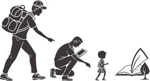 Group of diverse students looking at digital tablet during school field tri.. Stock Illustration
