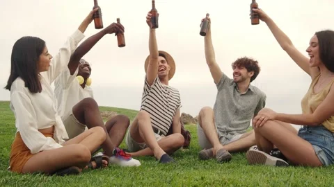 Group of diverse young friends in the park toasting with some beers Stock Footage 198419829