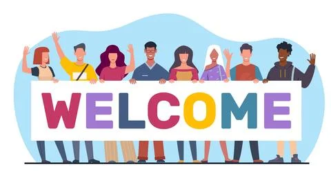 Group of diverse young men wave their hands in welcoming gesture. Happy persons Stock Illustration