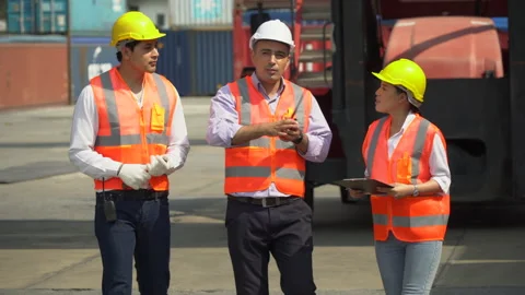 Group of diversity containers worker discussion and walking to  Checking list Stock Footage 154691921