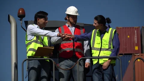 Group of diversity logistic worker and asian foreman stack hands put palms .. Stock Footage 241713322