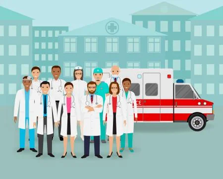 Group of doctors and nurses and ambulance car on cityscape background. Emerge Stock Illustration