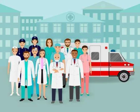 Group of doctors and nurses and ambulance car on cityscape background. Emerge Stock Illustration