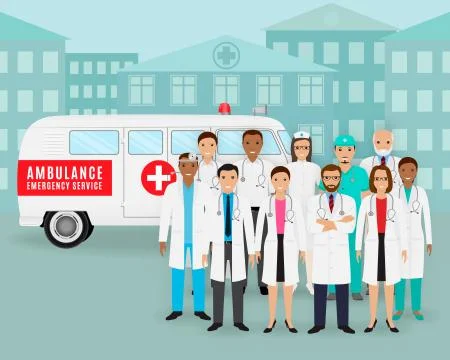 Group of doctors and nurses and retro ambulance car on cityscape background.  Stock Illustration