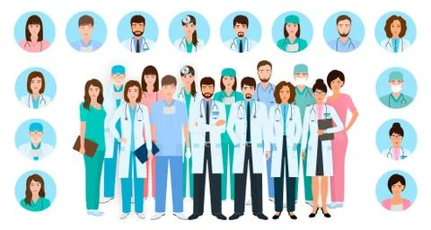 Group of doctors and nurses characters in different poses with vector profile Stock Illustration