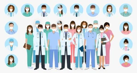 Group of doctors and nurses characters in masks in different poses with vecto Stock Illustration
