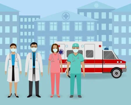 Group of doctors and nurses with masks standing together on a ambulance car a Stock Illustration