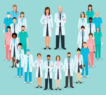 Group of doctors and nurses standing together. Medicine banner. Medical team. Stock Illustration